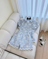 TQ4526 SET SỌC XANH THÊU - QUẦN SHORT REN SÓNG