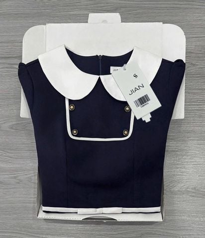 TB8991 JUM NGẮN CỔ SEN PHỐI NƠ EO (X.ĐEN)