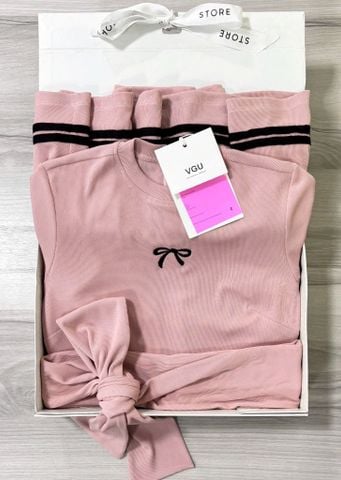 VGU1182 ĐẦM THUN THÊU NƠ EO PHỐI CHOÀNG (HỒNG)