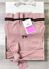 VGU1182 ĐẦM THUN THÊU NƠ EO PHỐI CHOÀNG (HỒNG)