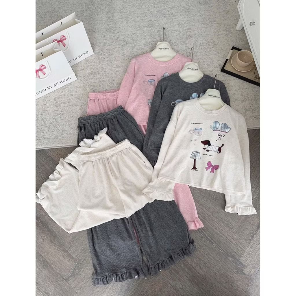 VGU1673 SET ÁO TAY DÀI IN HÌNH - QUẦN DÀI PHỐI BÈO (KEM)