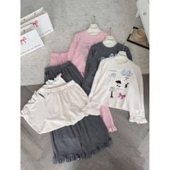 VGU1673 SET ÁO TAY DÀI IN HÌNH - QUẦN DÀI PHỐI BÈO (KEM)