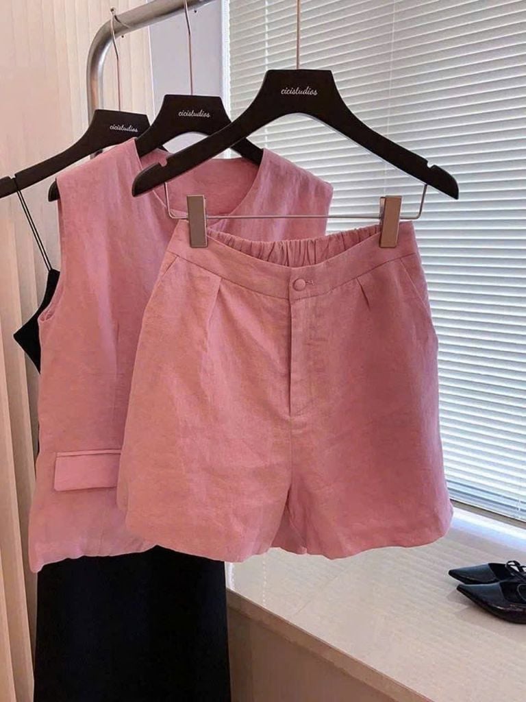 TB8525 - SET ÁO GILE - QUẦN SHORT FULL HỒNG