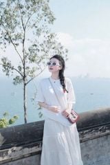 TB8583 - SET ÁO THUN LOGO TIM + CHÂN VÁY DÀI TRẮNG