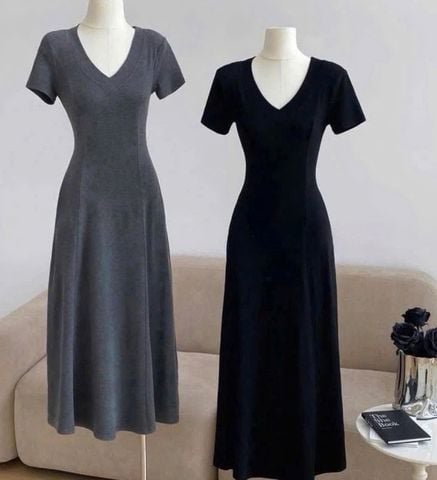 KS0936 - ĐẦM THUN BORIP COTTON CỔ TIM DÀI XÁM