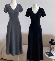 KS0936 - ĐẦM THUN BORIP COTTON CỔ TIM DÀI XÁM