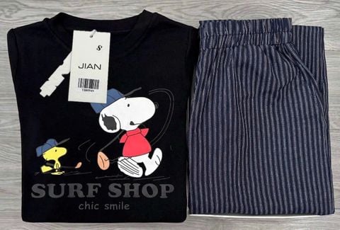 TB8594 - SET ÁO THUN IN HÌNH ĐEN + QUẦN DÀI SỌC