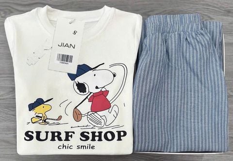TB8596 - SET ÁO THUN IN HÌNH TRẮNG + QUẦN DÀI SỌC