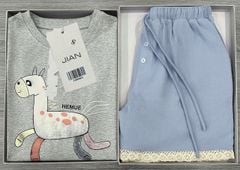 TB8586 -SET ÁO THUN XÁM IN HÌNH - QUẦN SHORT XANH VIỀN REN