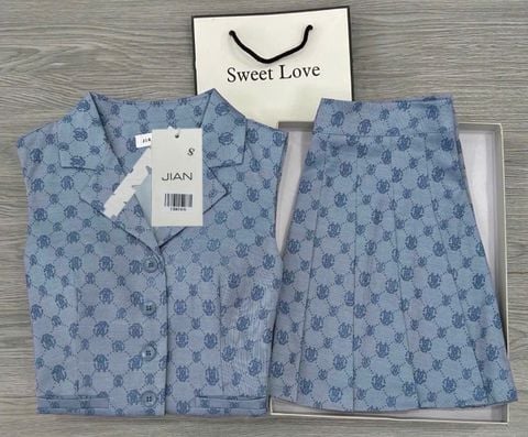 TB8530 Set áo gile họa tiết, Cváy xếp li (Xanh)