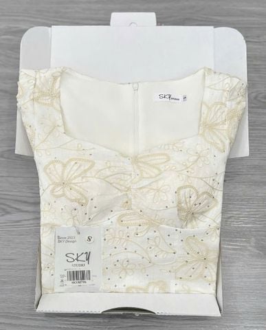 SKY8579 ĐẦM KEM HOA THÊU KẾT CƯỜM