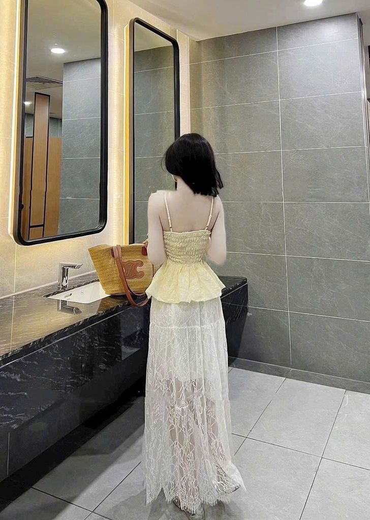VGU0599 - ÁO 2 DÂY BABY DOLL KEM VÀNG ( ÁO LẺ)