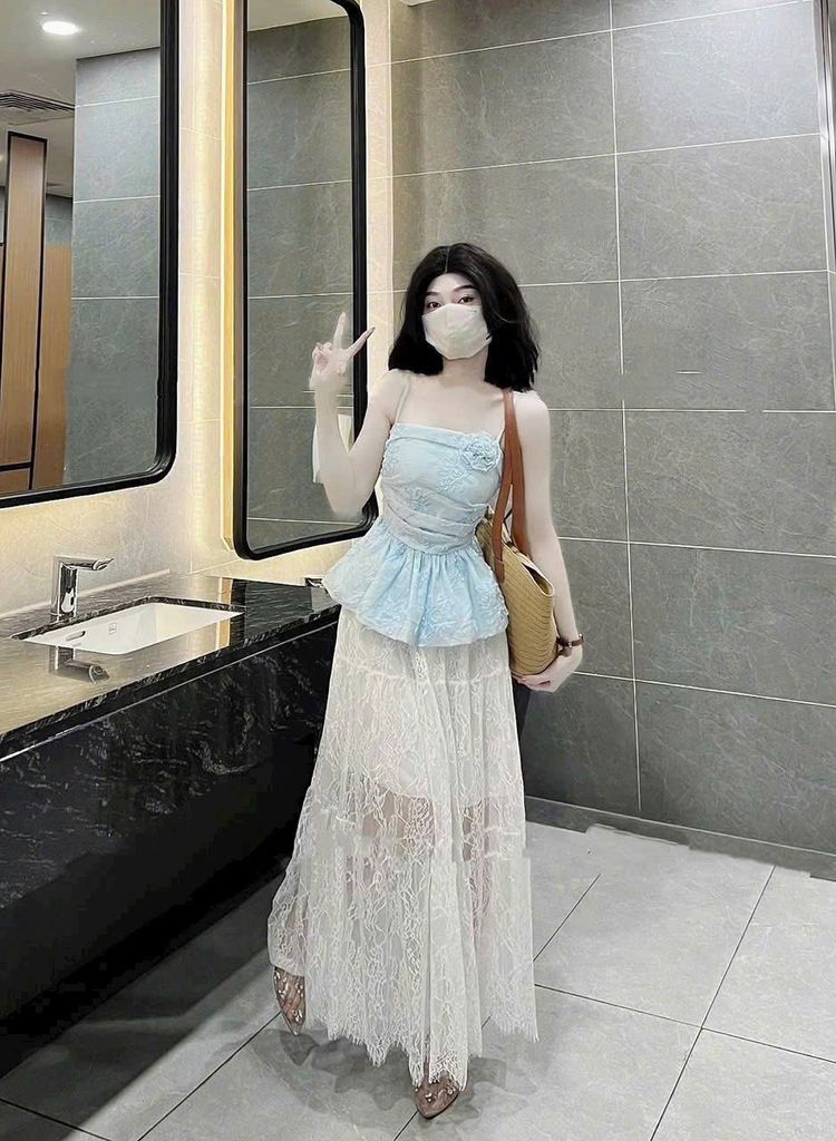 VGU0598 - ÁO 2 DÂY BABY DOLL XANH ( ÁO LẺ)