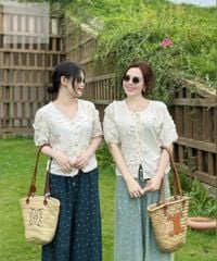VGU0605 - SET ÁO CỔ TRÒN DÂY NƠ - QUẦN CHẤM BI XANH NHẠT