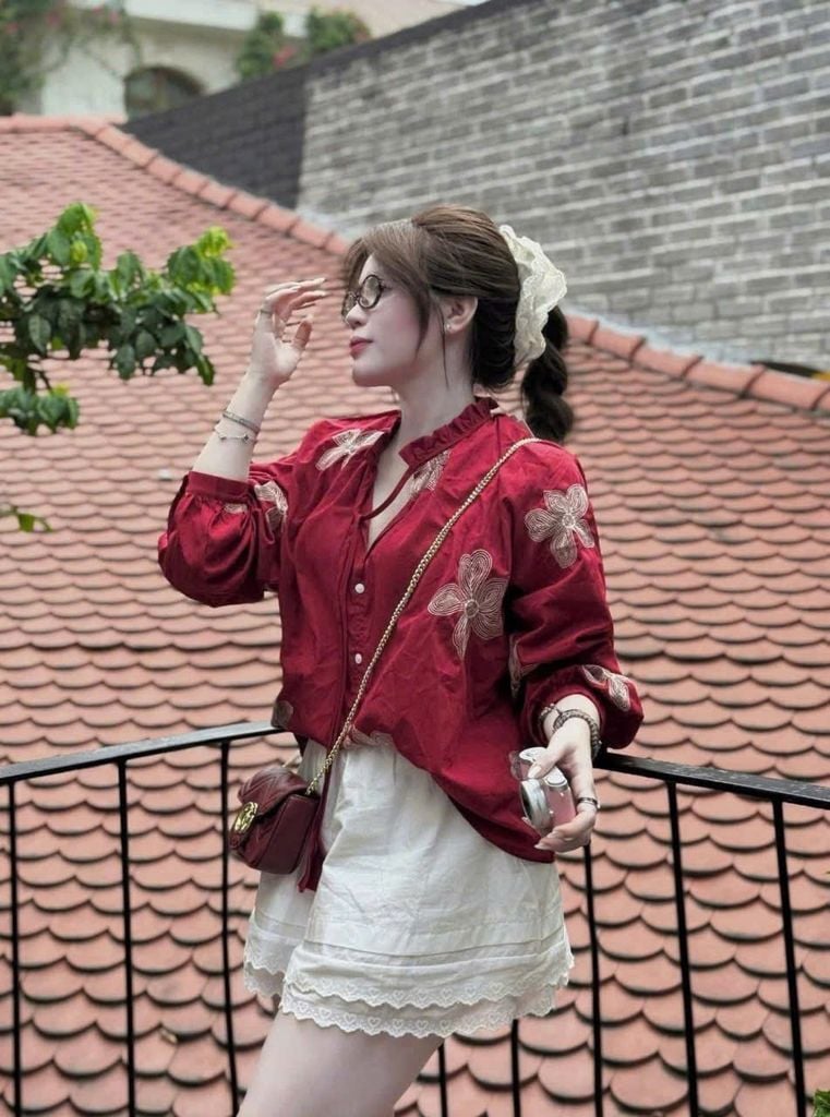 TB5764 - SET ÁO ĐỎ TAY DÀI- QUẦN VIỀN REN KEM