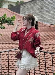 TB5764 - SET ÁO ĐỎ TAY DÀI- QUẦN VIỀN REN KEM