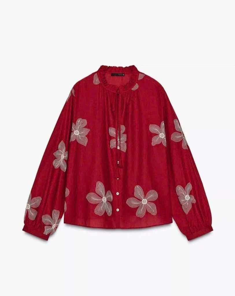 TB5764 - SET ÁO ĐỎ TAY DÀI- QUẦN VIỀN REN KEM