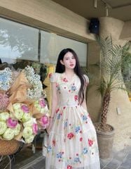 VRA0632-Đầm tơ thêu hoa CC cổ viền ren Kem