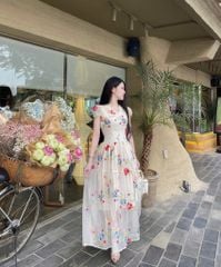 VRA0632-Đầm tơ thêu hoa CC cổ viền ren Kem
