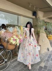 VRA0632-Đầm tơ thêu hoa CC cổ viền ren Kem