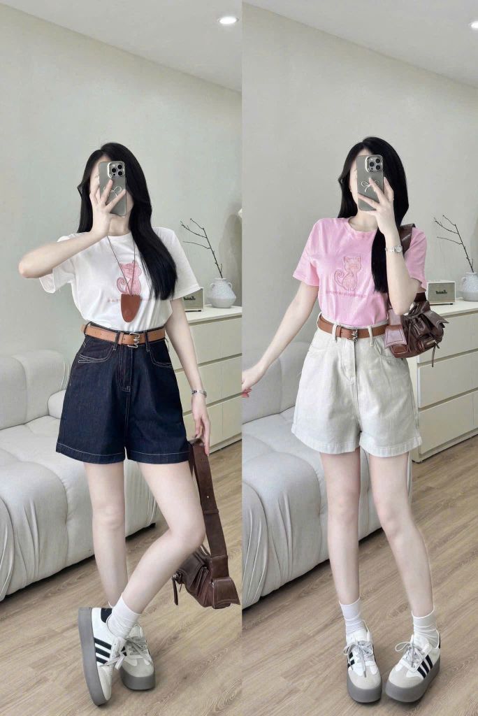 KS0919 -  SET ÁO THUN HỒNG - QUẦN TRẮNG KEM ( KO KÈM NỊT)