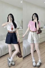 KS0919 -  SET ÁO THUN HỒNG - QUẦN TRẮNG KEM ( KO KÈM NỊT)