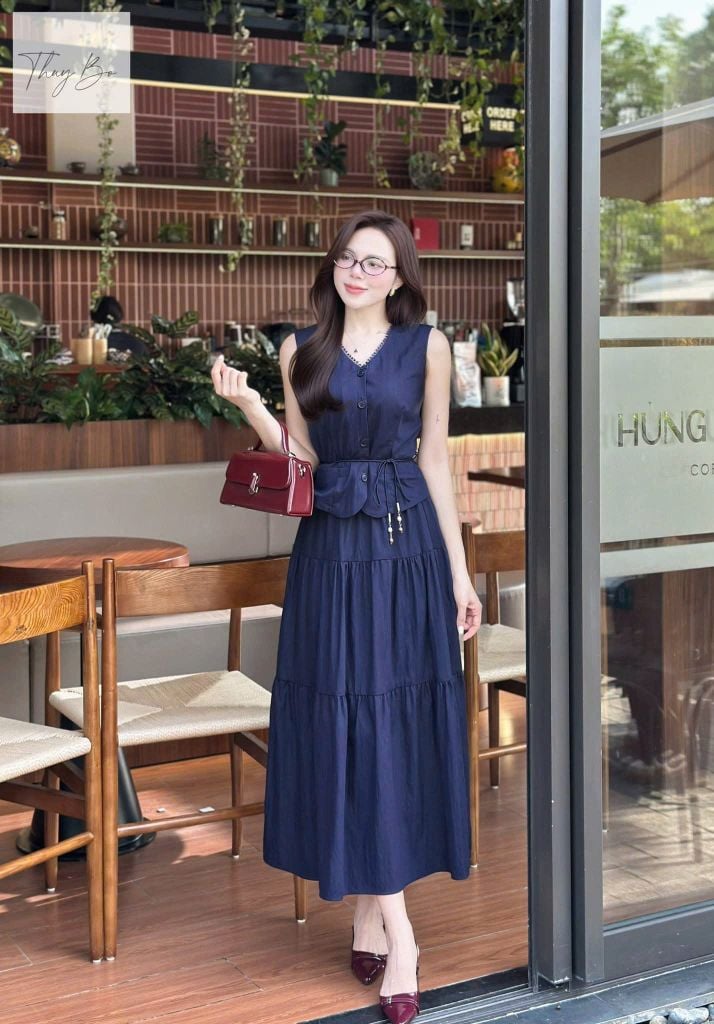 KS0956 - SET ÁO SÁT NÁCH - CHÂN VÁY DÀI XANH ĐEN ( KÈM DÂY CỘT EO)