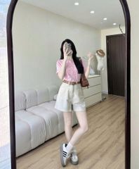 KS0919 -  SET ÁO THUN HỒNG - QUẦN TRẮNG KEM ( KO KÈM NỊT)