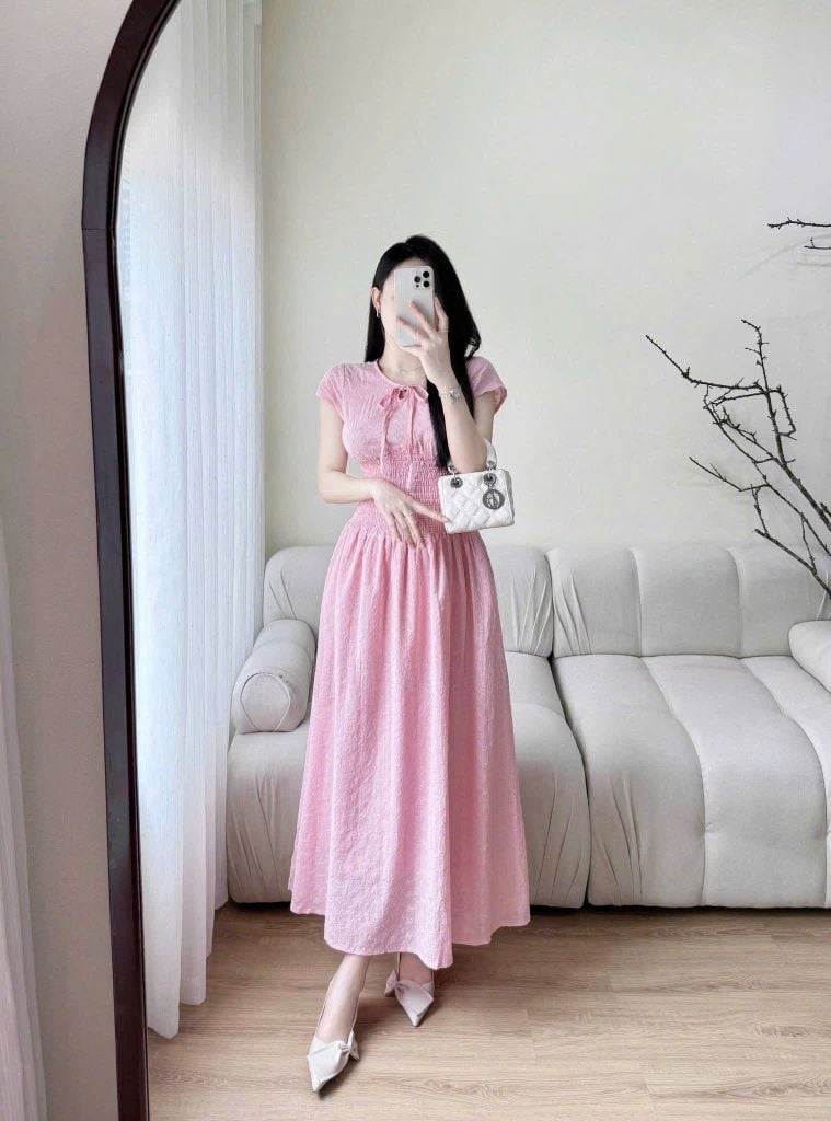 TQ4390 - ĐẦM NHÚNG EO PHỐI NƠ HỒNG