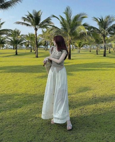 SKY8672 - SET ÁO THUN XÁM VIỀN CỔ REN - QUẦN ỐNG RỘNG