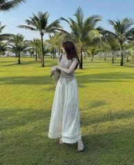 SKY8672 - SET ÁO THUN XÁM VIỀN CỔ REN - QUẦN ỐNG RỘNG