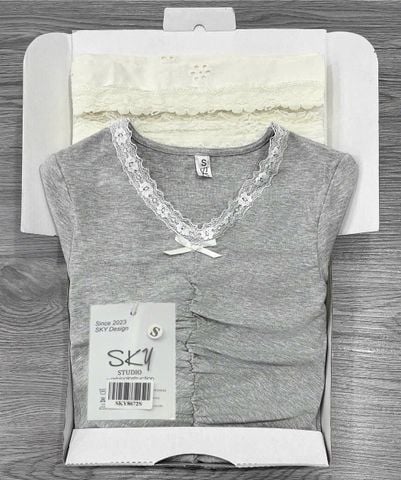 SKY8672 - SET ÁO THUN XÁM VIỀN CỔ REN - QUẦN ỐNG RỘNG