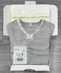 SKY8672 - SET ÁO THUN XÁM VIỀN CỔ REN - QUẦN ỐNG RỘNG