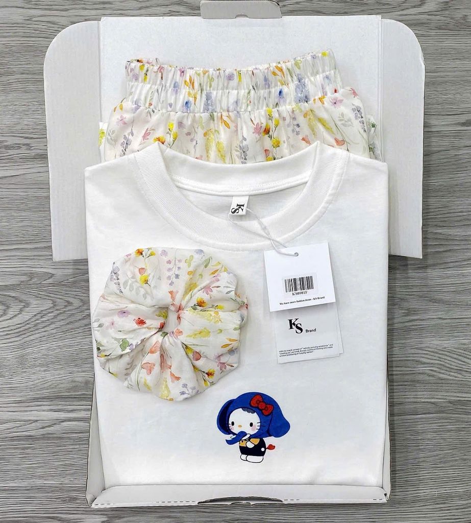 KS0981 -  SET ÁO THUN TRẮNG- CHÂN VÁY HOA (KÈM DÂY CỘT TÓC)