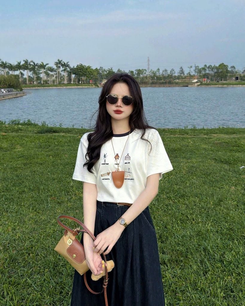 KS0953 - SET ÁO THUN THÊU - CHÂN VÁY JEAN DÀI ( KO KÈM NỊT)