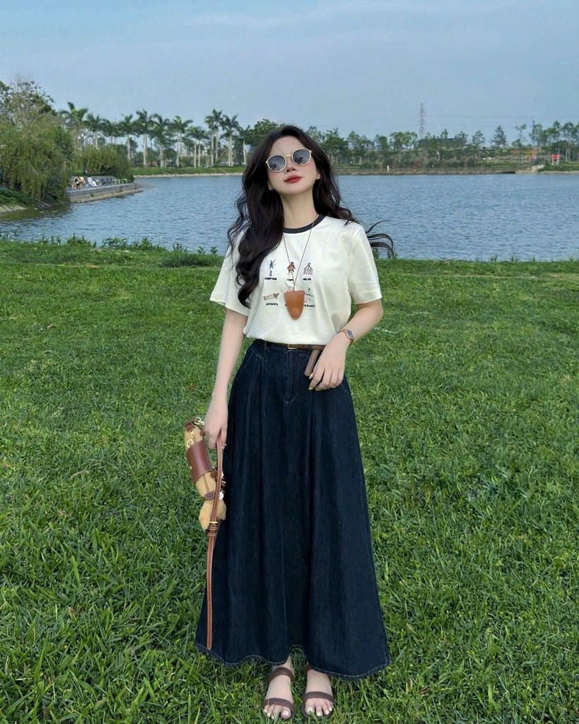 KS0953 - SET ÁO THUN THÊU - CHÂN VÁY JEAN DÀI ( KO KÈM NỊT)