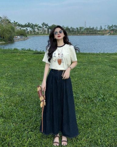 KS0953 - SET ÁO THUN THÊU - CHÂN VÁY JEAN DÀI ( KO KÈM NỊT)