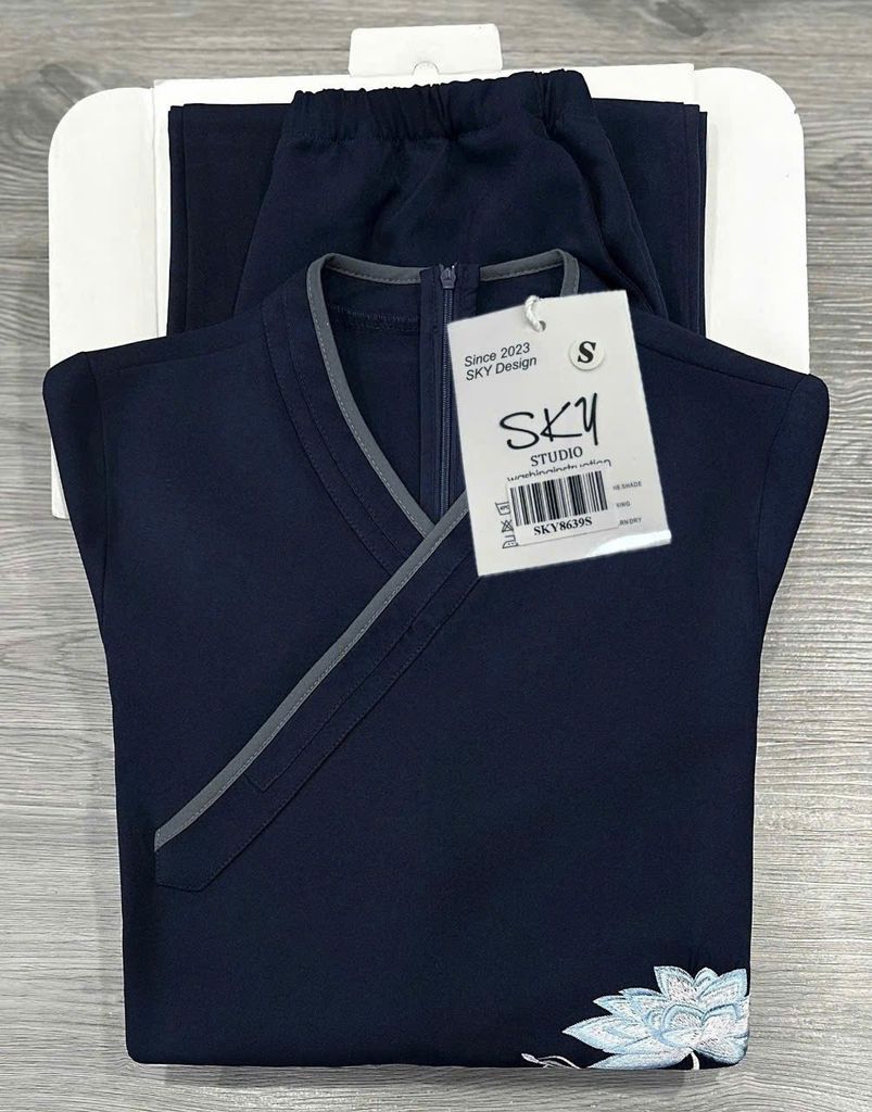 SKY8639 - SET ĐỒ LAM THÊU HOA SEN ( XANH ĐEN )