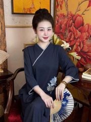 SKY8639 - SET ĐỒ LAM THÊU HOA SEN ( XANH ĐEN )