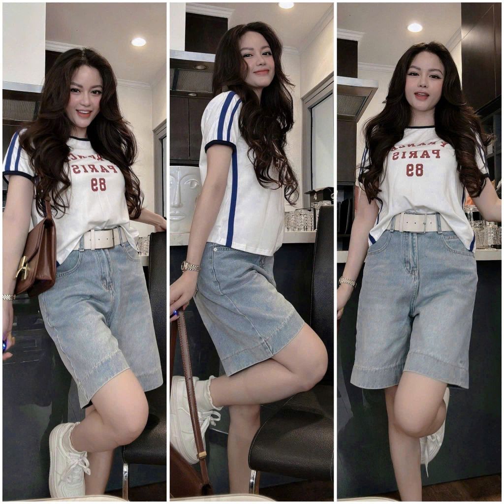 VGU0697 - SET ÁO THUN VIỀN XANH - QUẦN JEAN NGỐ ( KO KÈM NỊT)