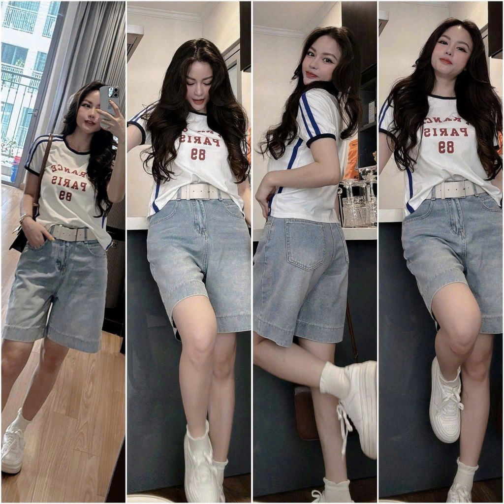 VGU0697 - SET ÁO THUN VIỀN XANH - QUẦN JEAN NGỐ ( KO KÈM NỊT)