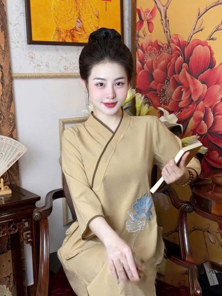 SKY8640 - SET ĐỒ LAM THÊU HOA SEN ( XANH ĐẬU)