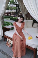VGU0525 - ĐẦM CỔ TIM NHÚNG EO ( CAM ĐẤT)