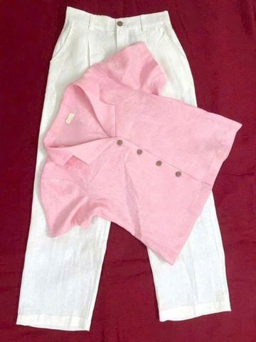 VGU0695 - SET ÁO SƠ MI NGẮN HỒNG  - QUẦN DÀI TRẮNG