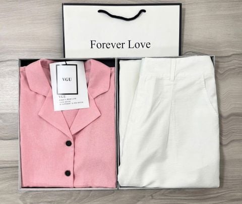 VGU0695 - SET ÁO SƠ MI NGẮN HỒNG  - QUẦN DÀI TRẮNG