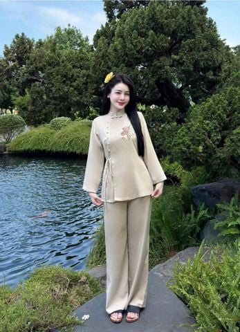 TB8518 - SET BỘ ĐỒ LAM THÊU HOA SEN - MÀU KEM