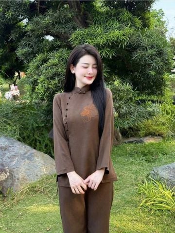 TB8519 - SET BỘ ĐỒ LAM THÊU HOA SEN - MÀU NÂU