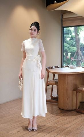 VGU0719 ĐẦM LỤA PHỐI REN HOA EO