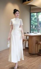 VGU0719 ĐẦM LỤA PHỐI REN HOA EO