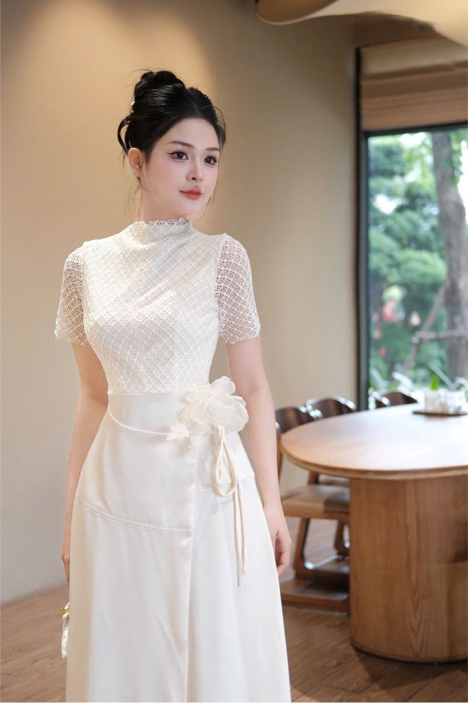 VGU0719 ĐẦM LỤA PHỐI REN HOA EO